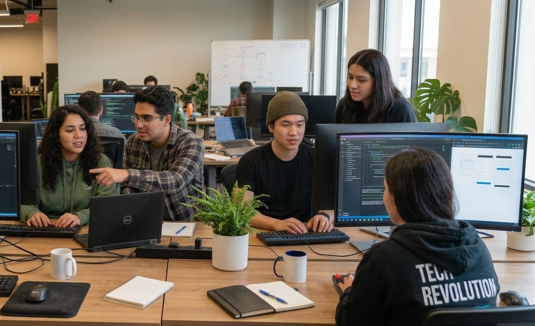 Equipo de desarrollo trabajando en sus computadoras